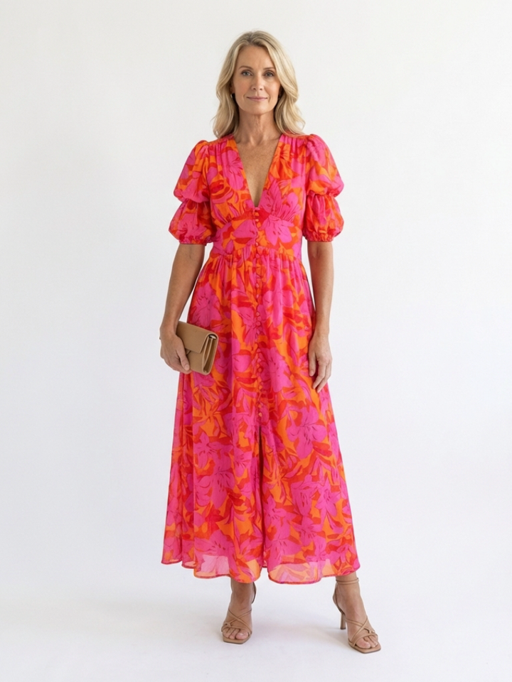 Sauce | Vestido Midi de Manga Abullonada con Escote en V Floral