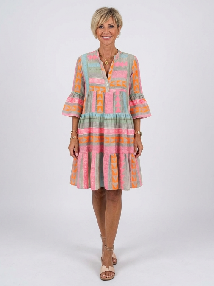 Maelle | Vestido de Longitud de Rodilla con Estampado Geométrico y Escote en V