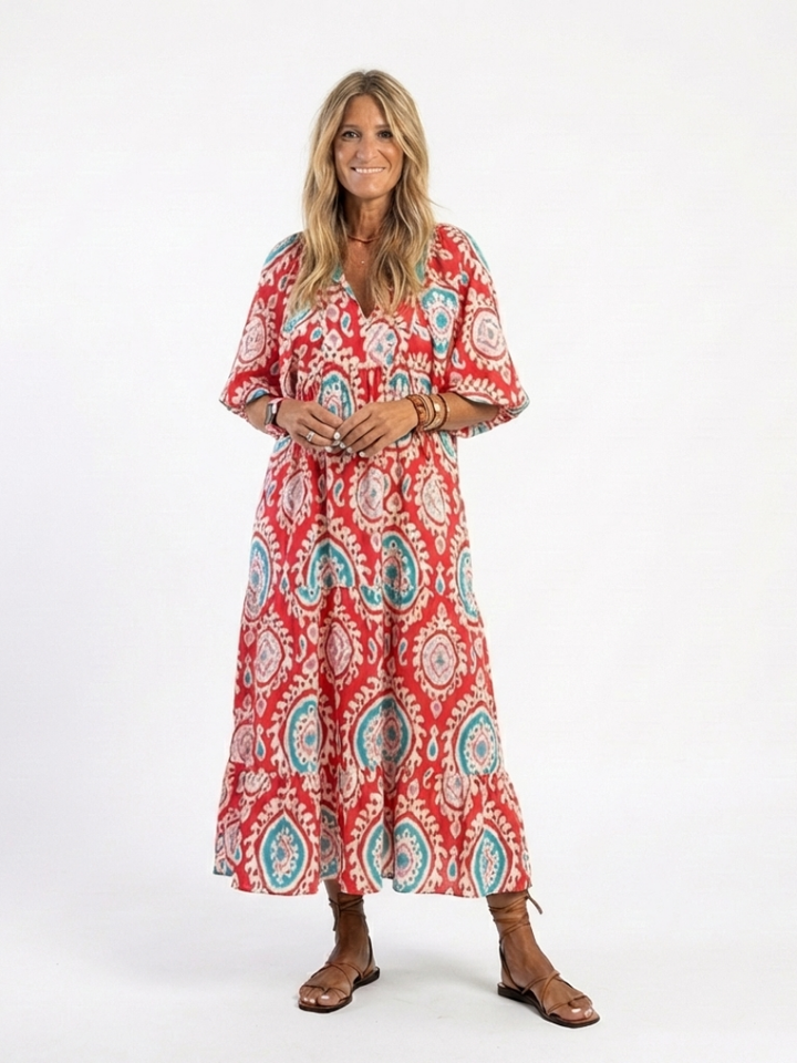 Zaria | Vestido Midi de Manga Corta con Escote en V y Estampado Paisley