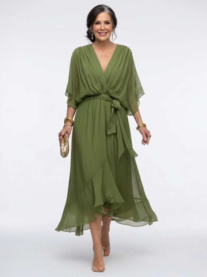 Elysia | Vestido Midi con Escote en V y Cintura Drapada