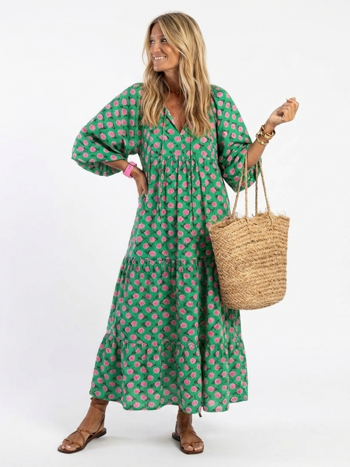 Fiora | Vestido Midi de Cuello en V con Estampado Floral