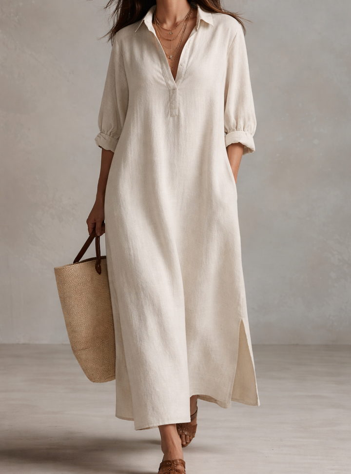 Vestido Camisa Maxi Ligero Vintage en Crema Natural