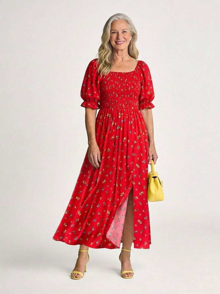 Delphine | Vestido Midi de Manga Abullonada con Escote Cuadrado y Estampado Floral