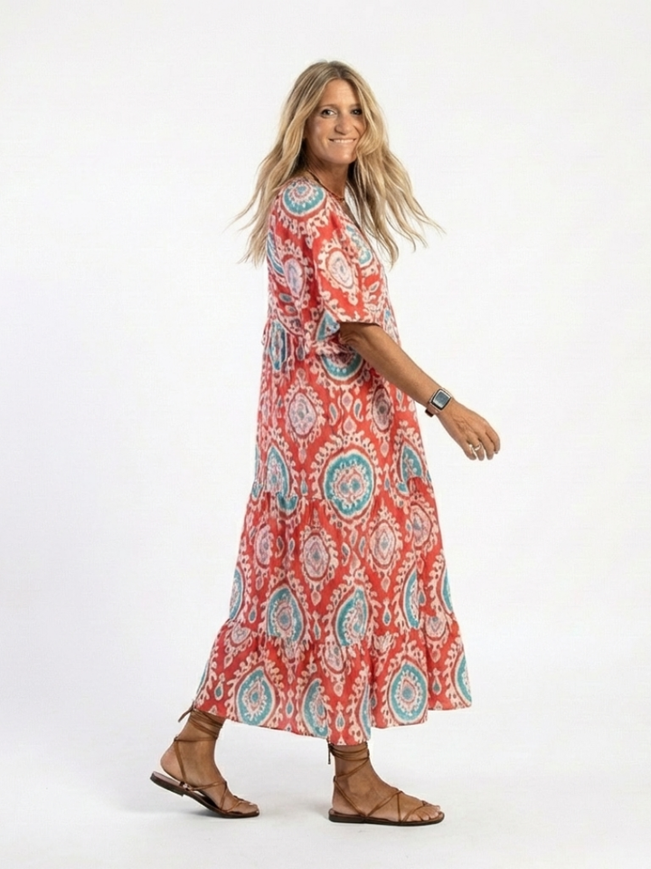 Zaria | Vestido Midi de Manga Corta con Escote en V y Estampado Paisley