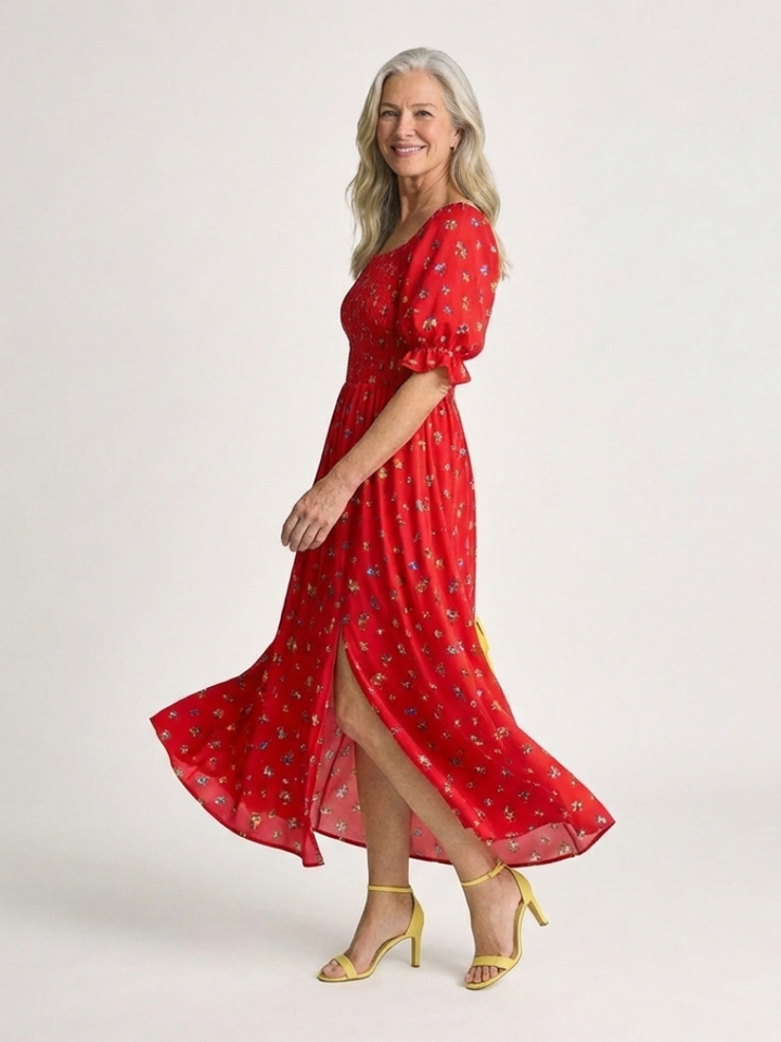Delphine | Vestido Midi de Manga Abullonada con Escote Cuadrado y Estampado Floral