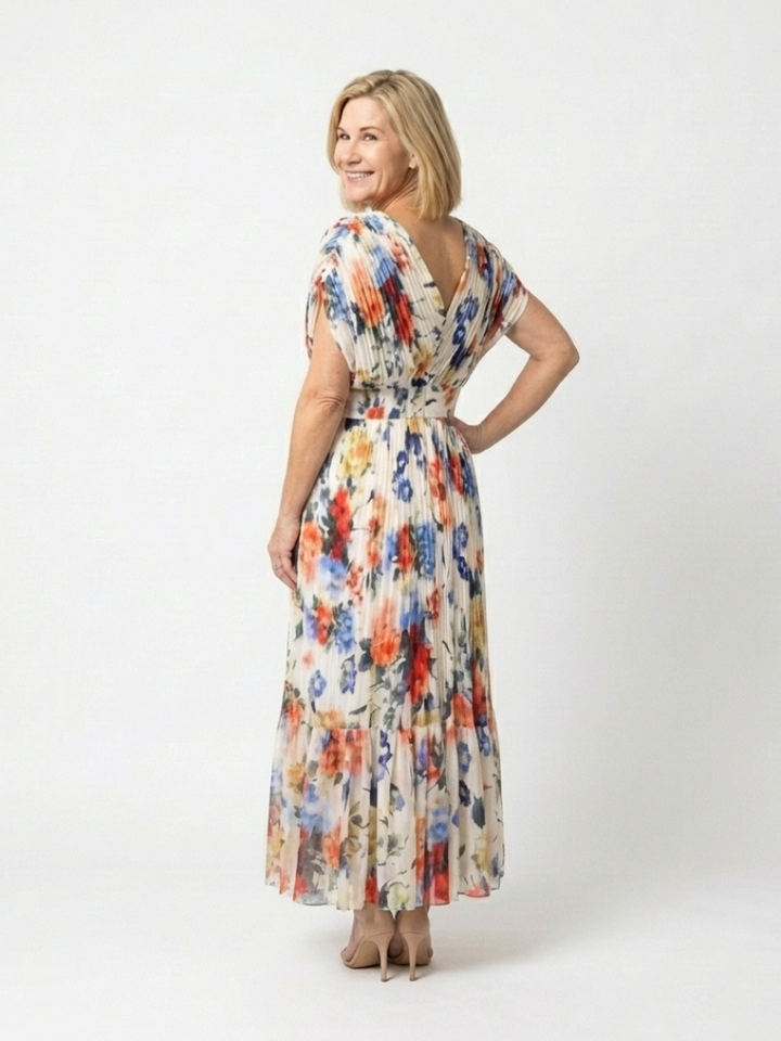 Savannah | Vestido Midi Floral con Mangas Cortas y Pliegues