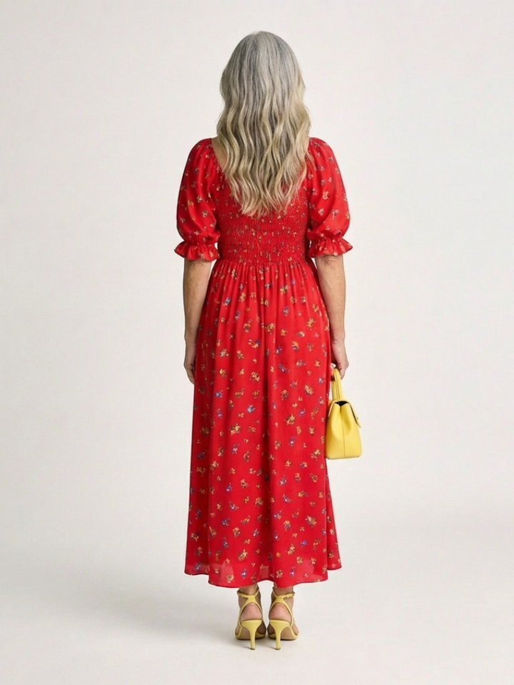 Delphine | Vestido Midi de Manga Abullonada con Escote Cuadrado y Estampado Floral