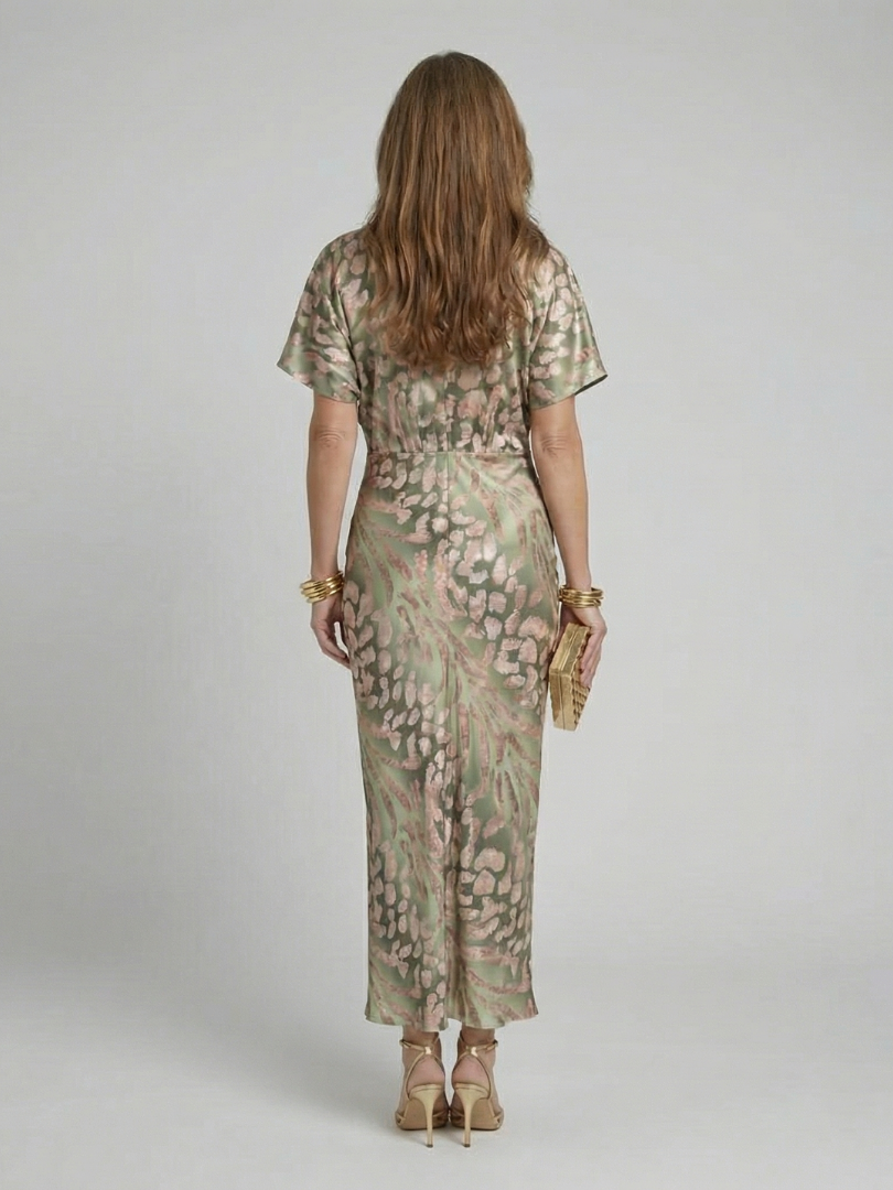 Coralie | Vestido Midi con Estampado Abstracto y Cuello en V con Detalle de Cintura Torcida