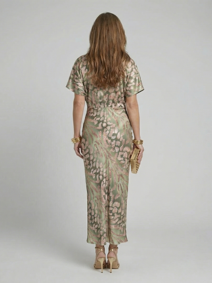 Coralie | Vestido Midi con Estampado Abstracto y Cuello en V con Detalle de Cintura Torcida