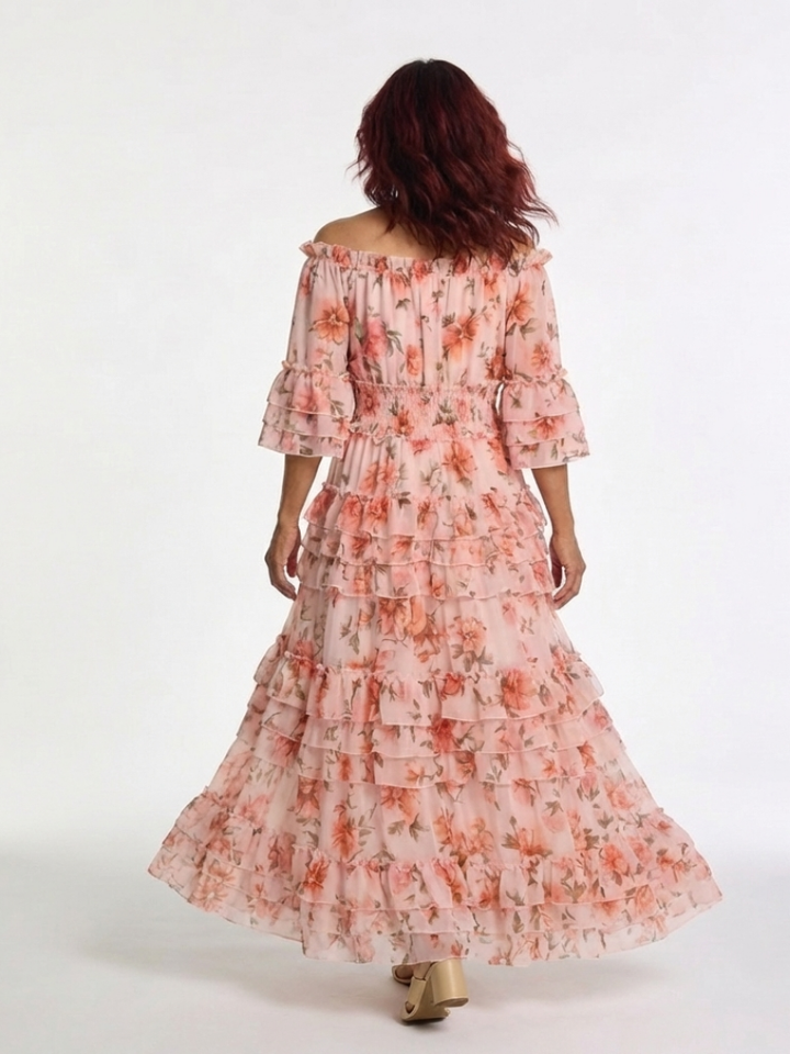 Rosalie | Vestido Maxi Floral con Volantes y Hombros Descubiertos
