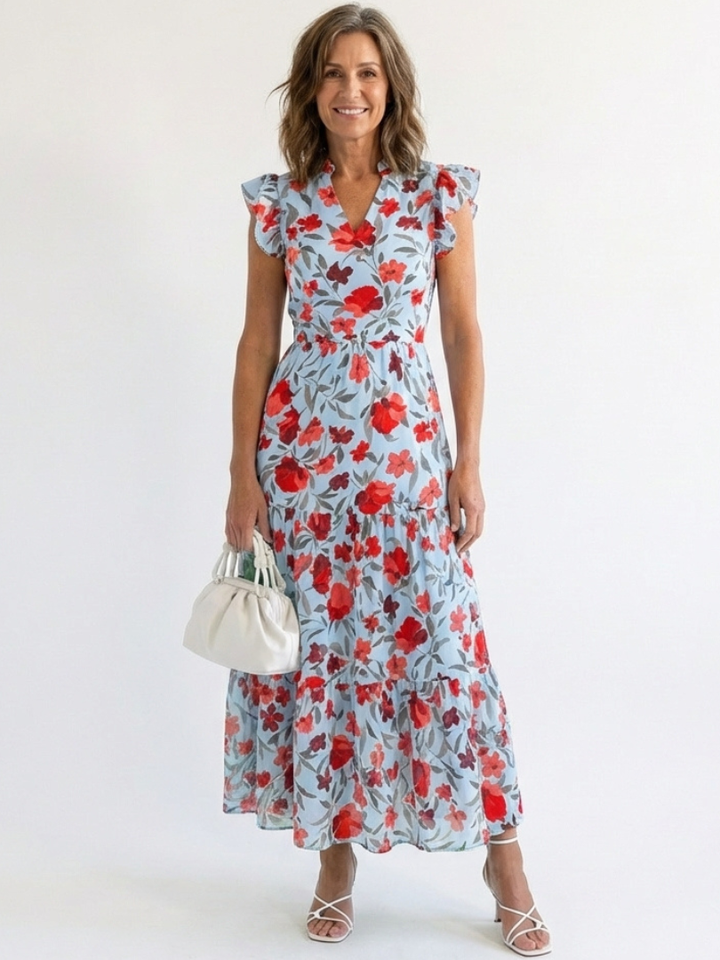 Lila | Vestido Midi de Volantes con Escote en V Floral