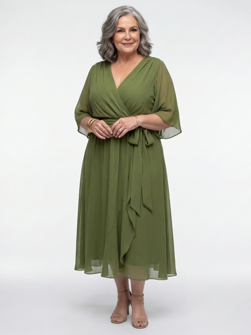 Elysia | Vestido Midi con Escote en V y Cintura Drapada