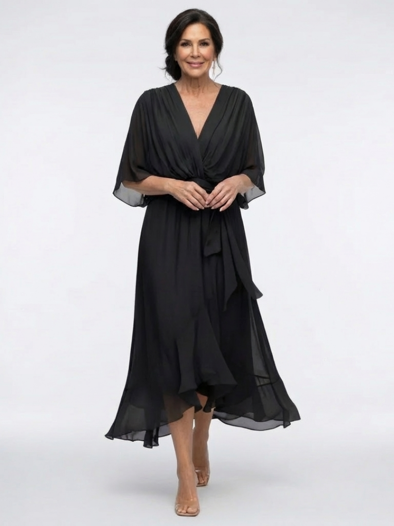 Elysia | Vestido Midi con Escote en V y Cintura Drapada