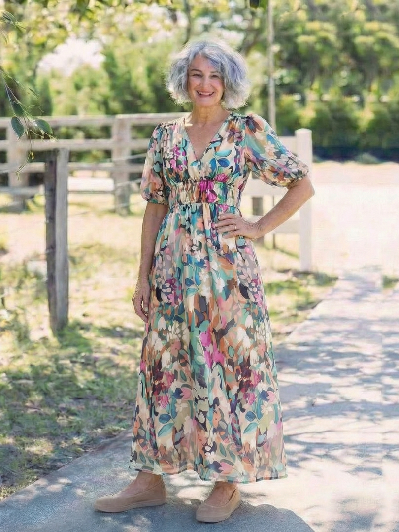 Eulalie | Vestido midi de manga corta con escote en V y cintura fruncida
