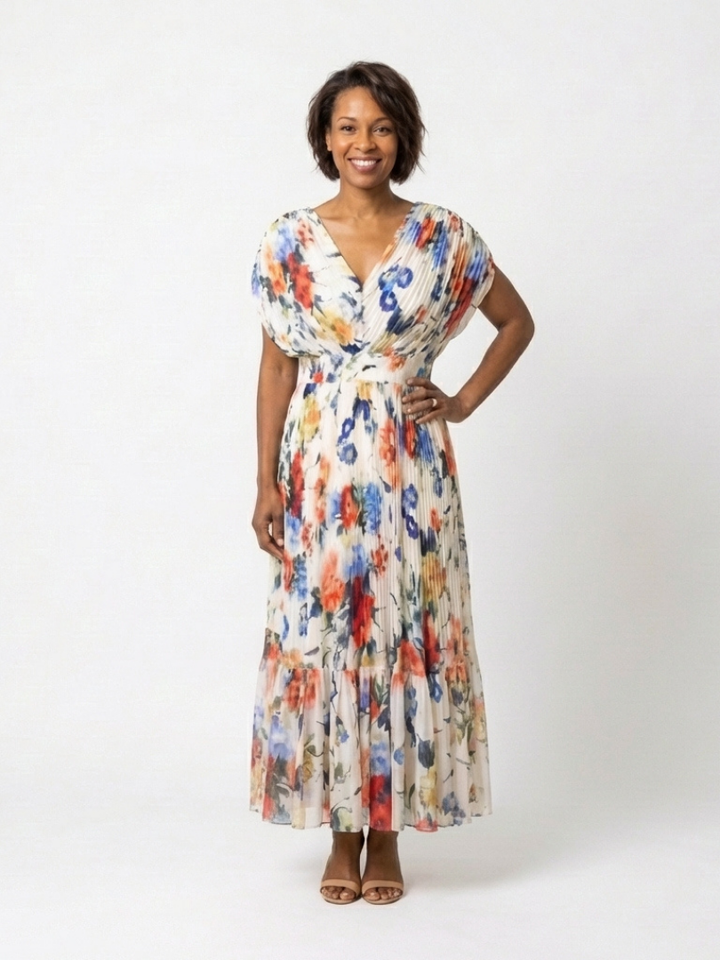 Savannah | Vestido Midi Floral con Mangas Cortas y Pliegues