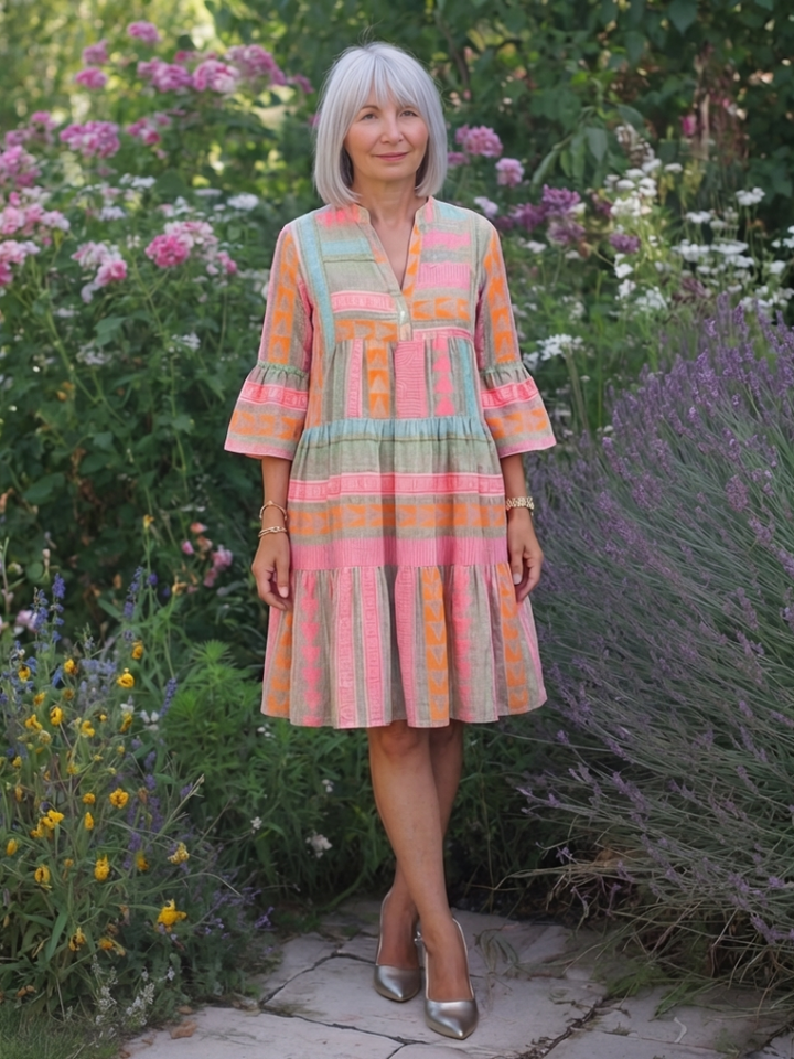 Maelle | Vestido de Longitud de Rodilla con Estampado Geométrico y Escote en V