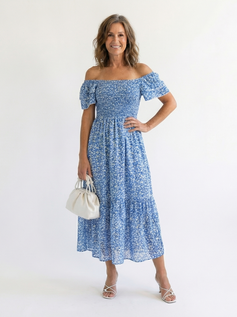 Odette | Vestido Midi Floral con Hombros Descubiertos