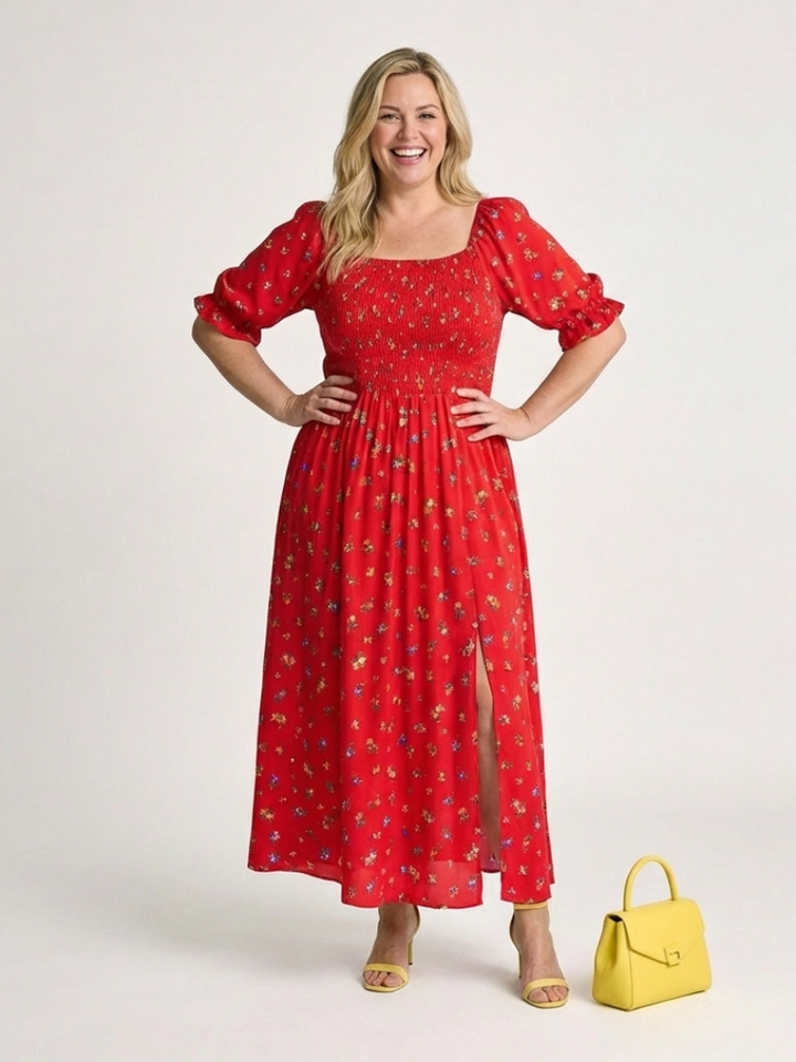 Delphine | Vestido Midi de Manga Abullonada con Escote Cuadrado y Estampado Floral