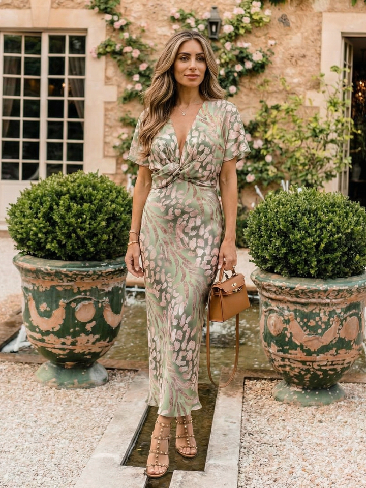 Coralie | Vestido Midi con Estampado Abstracto y Cuello en V con Detalle de Cintura Torcida