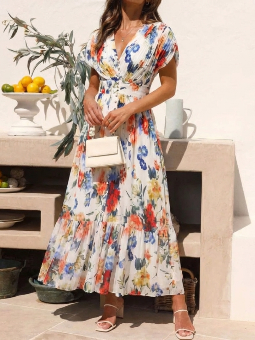 Savannah | Vestido Midi Floral con Mangas Cortas y Pliegues