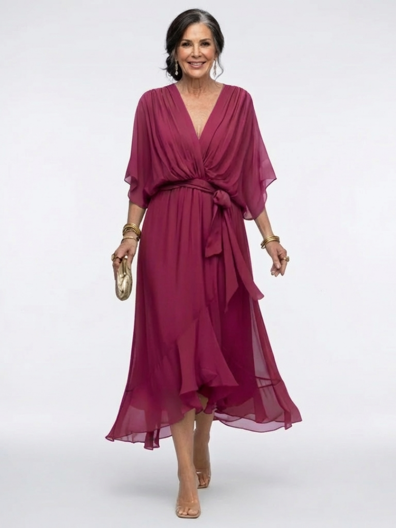 Elysia | Vestido Midi con Escote en V y Cintura Drapada