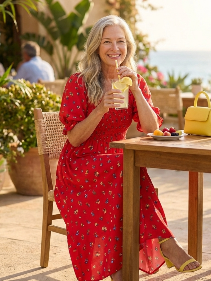 Delphine | Vestido Midi de Manga Abullonada con Escote Cuadrado y Estampado Floral