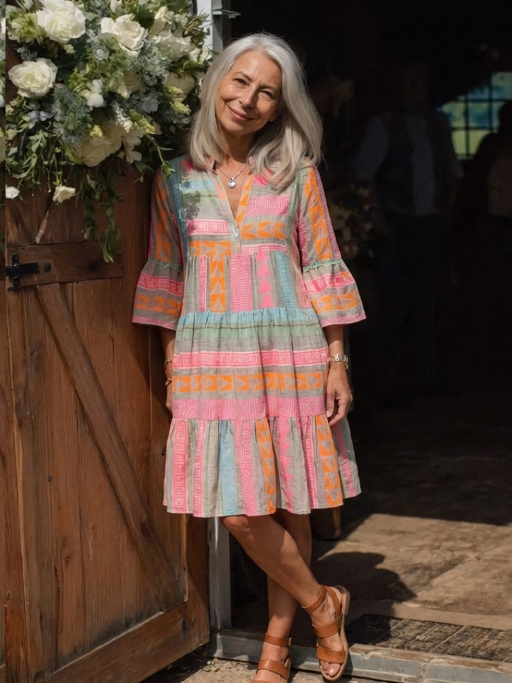 Maelle | Vestido de Longitud de Rodilla con Estampado Geométrico y Escote en V