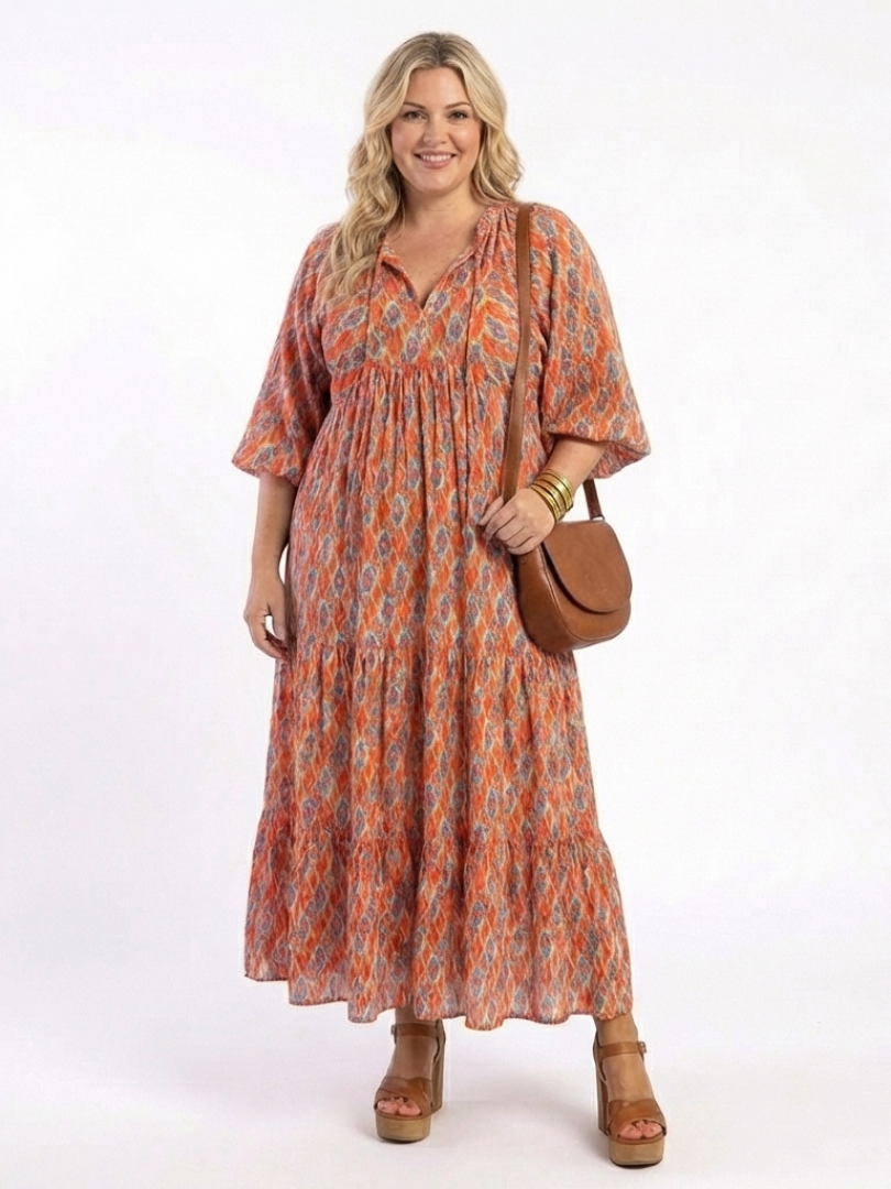 Amara | Vestido Midi de Cuello en V con Estampado Geométrico