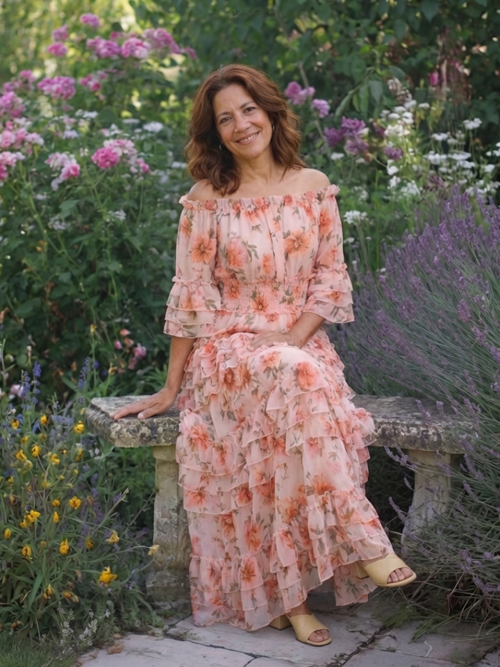 Rosalie | Vestido Maxi Floral con Volantes y Hombros Descubiertos