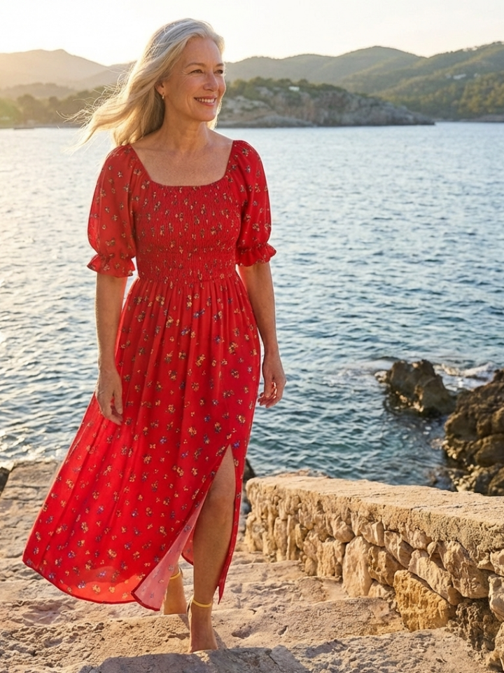Delphine | Vestido Midi de Manga Abullonada con Escote Cuadrado y Estampado Floral