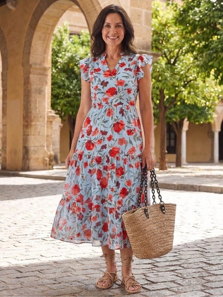 Lila | Vestido Midi de Volantes con Escote en V Floral