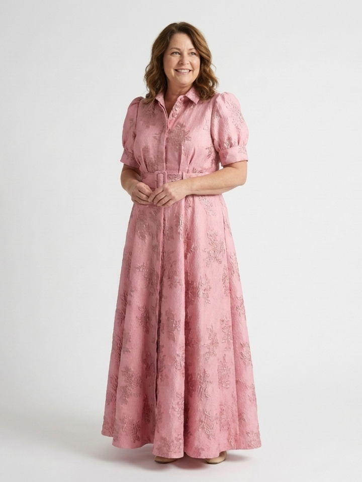 Xanthea | Vestido Maxi Camisero Floral Texturizado con Manga Corta y Cinturón