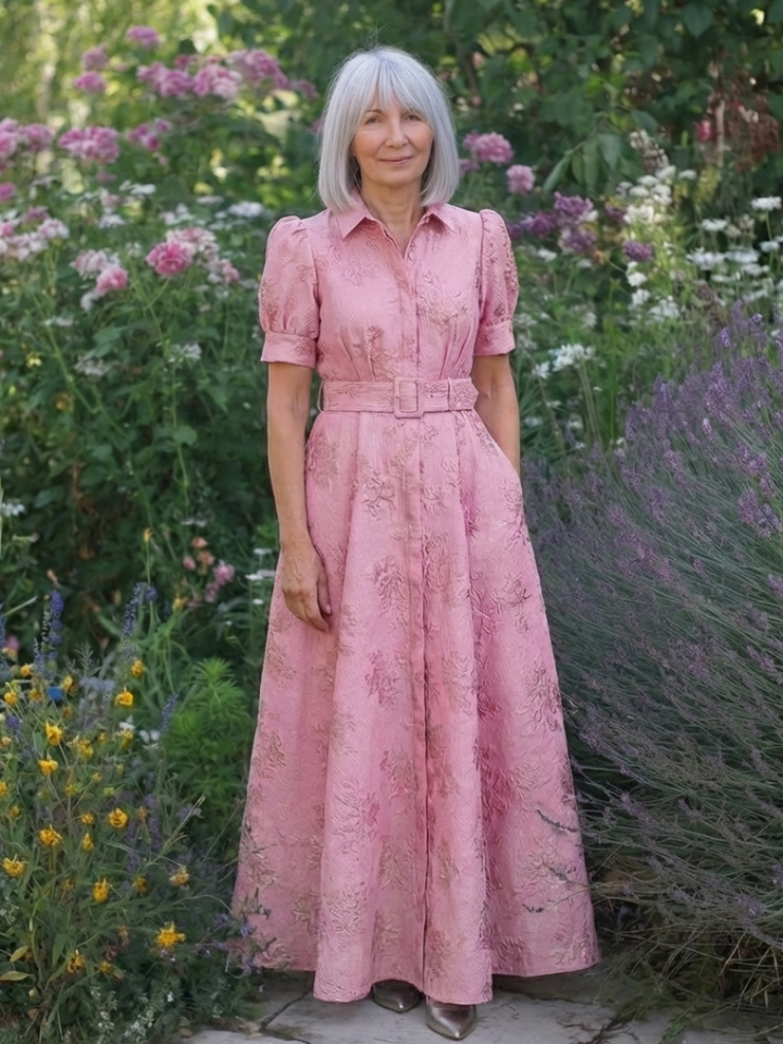 Xanthea | Vestido Maxi Camisero Floral Texturizado con Manga Corta y Cinturón