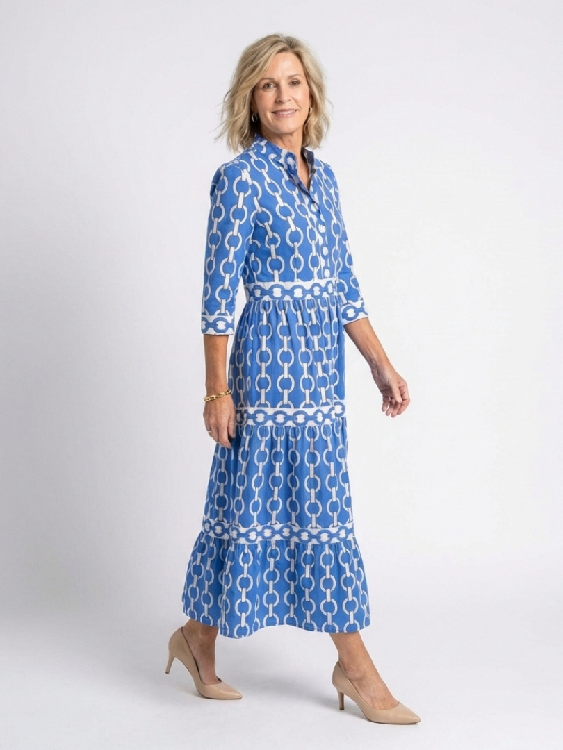 Ysolde | Vestido midi de patrón de cadena con mangas tres cuartos