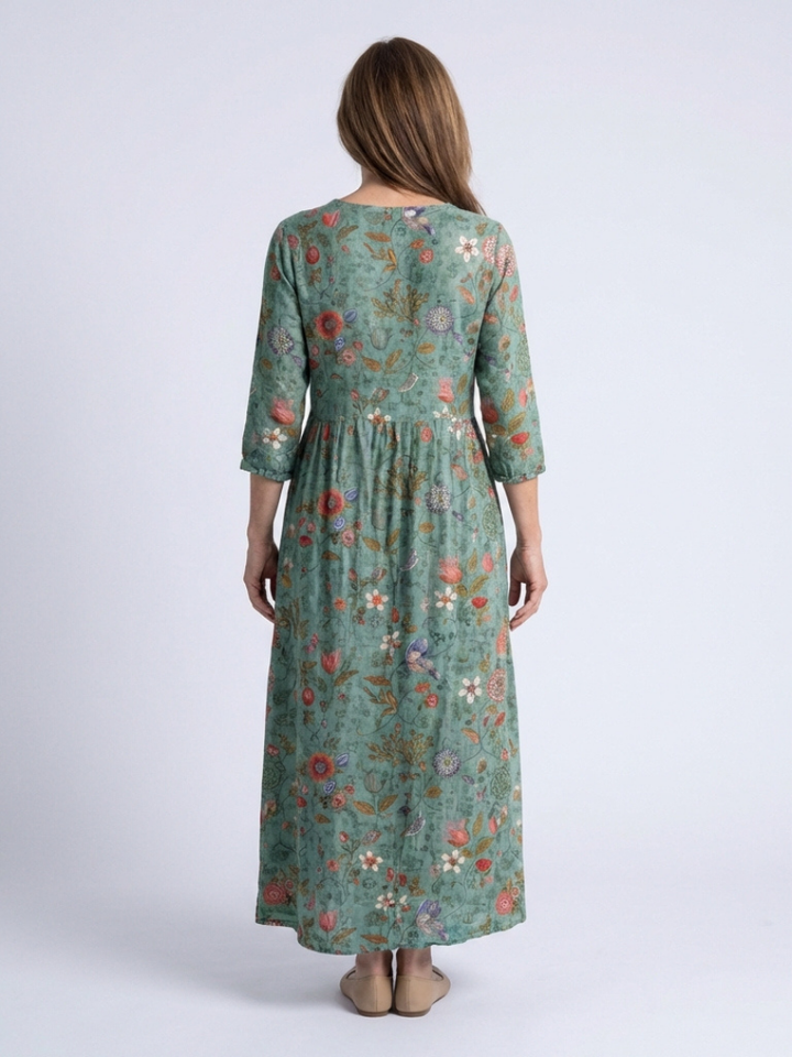 Marina | Vestido Maxi de Manga Tres Cuartos con Escote en V Floral