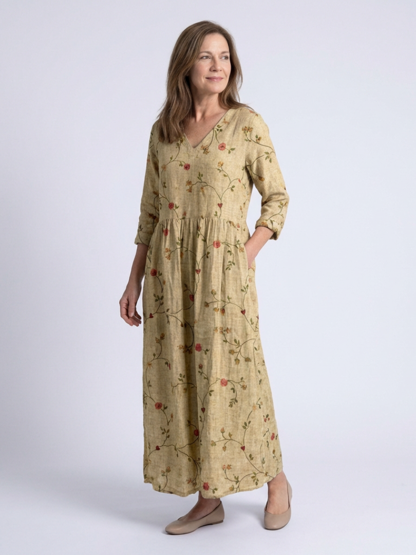 Marina | Vestido Maxi de Manga Tres Cuartos con Escote en V Floral