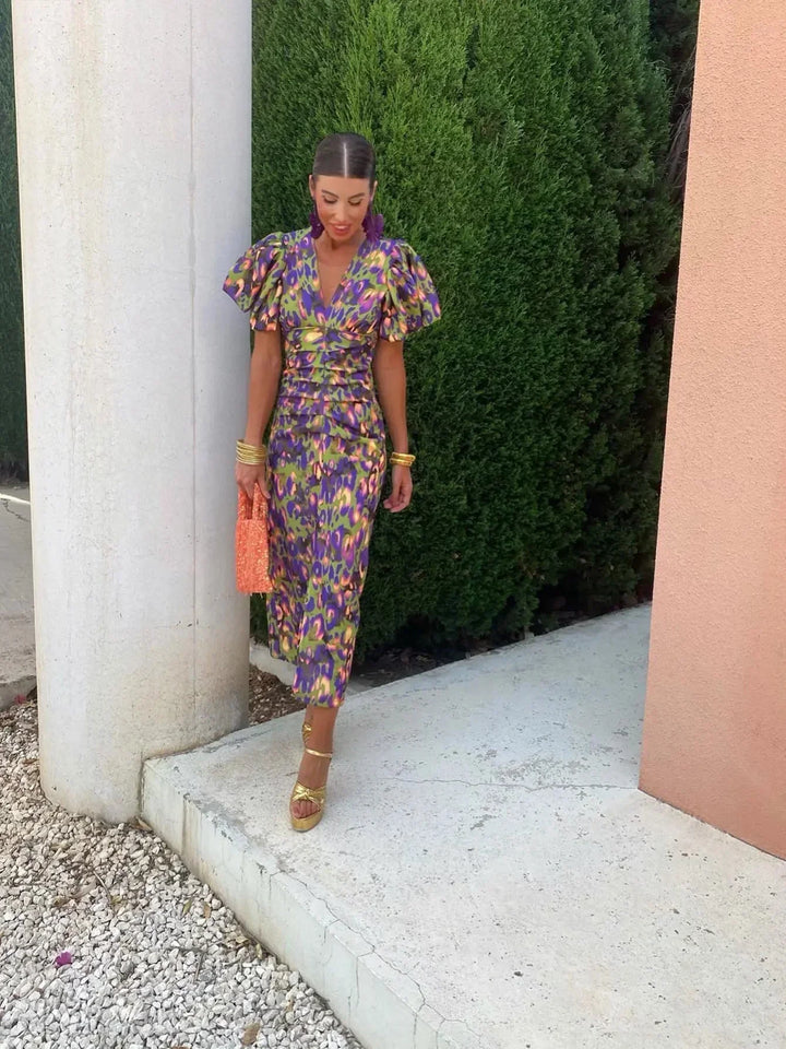 Loren | Vestido Midi Vibrante con Mangas Abullonadas