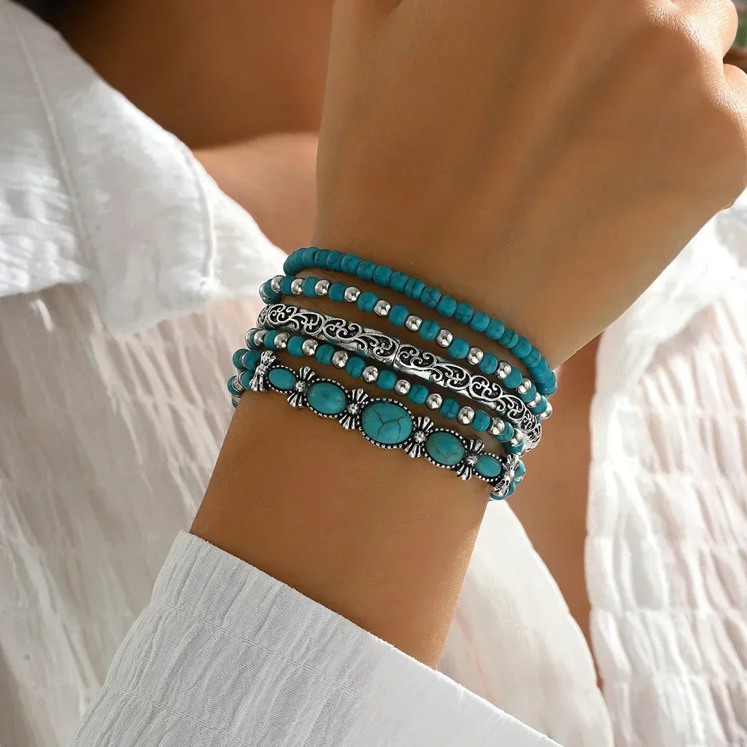 Conjunto de Pulseras de Cuentas Turquesa Bohemio