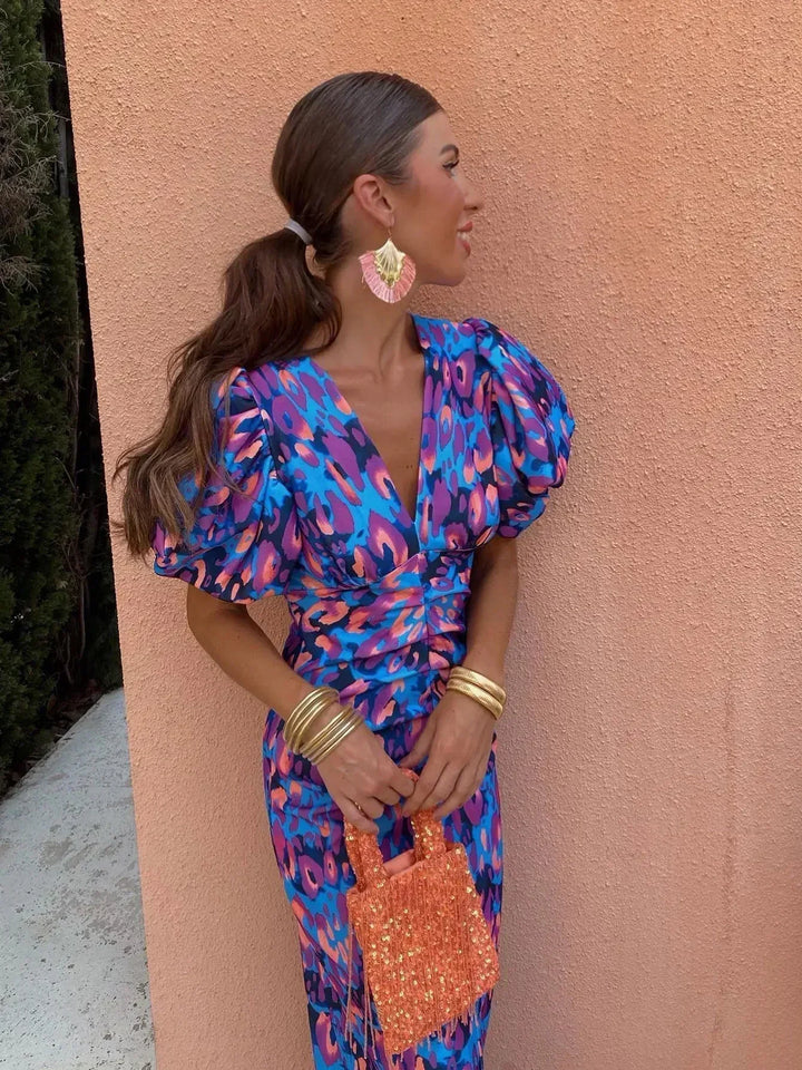 Loren | Vestido Midi Vibrante con Mangas Abullonadas