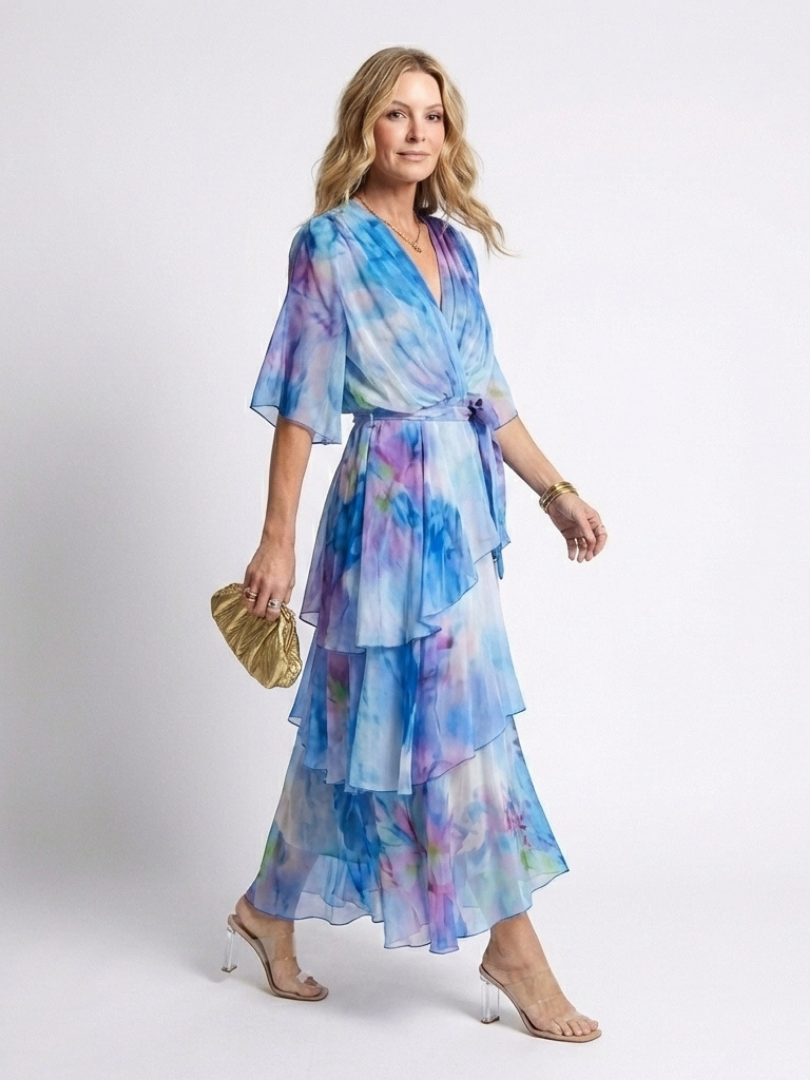 Calista | Vestido Maxi de Capa Transparente con Escote en V y Cintura con Cinta