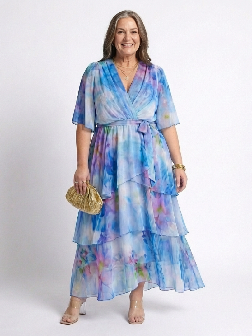 Calista | Vestido Maxi de Capa Transparente con Escote en V y Cintura con Cinta