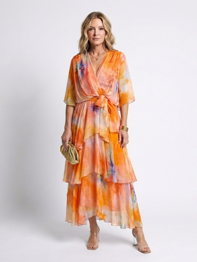Calista | Vestido Maxi de Capa Transparente con Escote en V y Cintura con Cinta