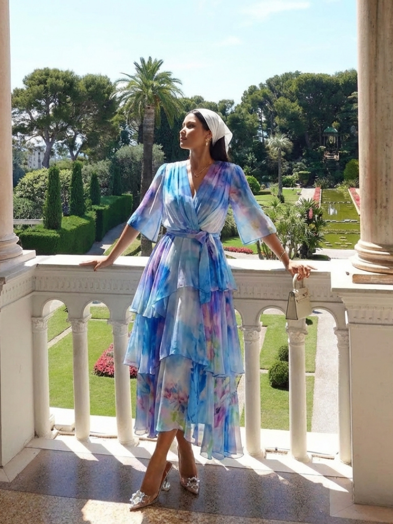 Calista | Vestido Maxi de Capa Transparente con Escote en V y Cintura con Cinta