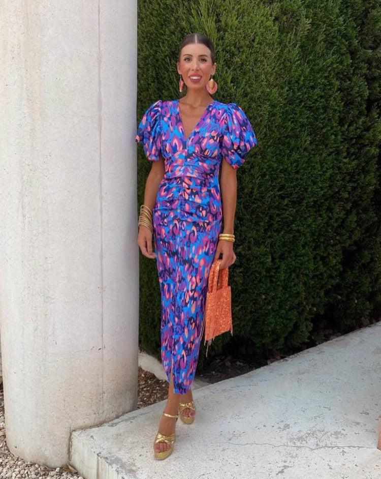 Loren | Vestido Midi Vibrante con Mangas Abullonadas