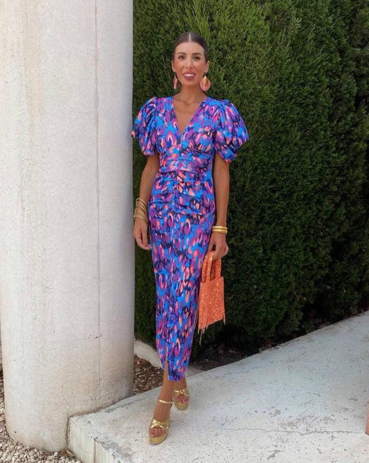 Loren | Vestido Midi Vibrante con Mangas Abullonadas
