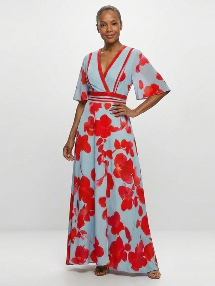 Corinne | Vestido Maxi Floral de Manga Corta con Escote en V