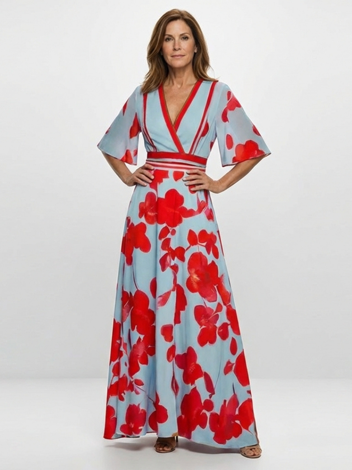 Corinne | Vestido Maxi Floral de Manga Corta con Escote en V