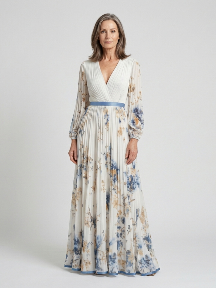 Lavinia | Vestido Maxi Floral de Manga Larga y Escote en V