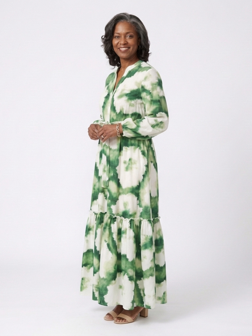 Sabine | Vestido Maxi de Manga Larga con Cintura Ajustable y Volantes