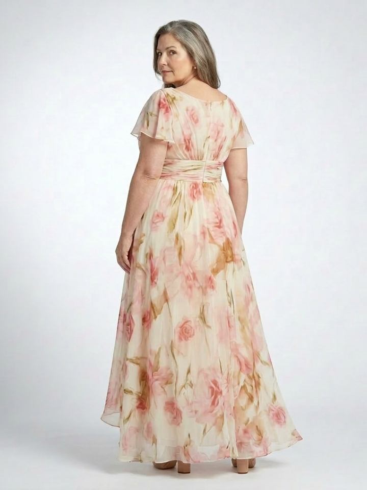 Elara | Vestido Maxi Floral con Cuello en V y Manga Corta